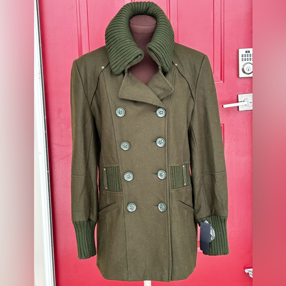 NWT BUFFALO DAVID BITTON sL wool bld coat-olive grn-dbl breast-thick knit trim